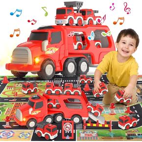 8 in 1 Fire Truck Toys for 2 3 4 5 Year Old Boy, Fire Trucks Cars Toys for Toddler 1-3 3-5, Fire Cars with Play Mat Light & Sound, Easter Christmas Birthday Gifts for 1 2 3 4 Year Old Boy