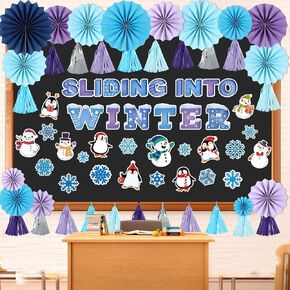 Winter Classroom Door Bulletin Board Classroom Decorations Set Sliding into Winter Snowflakes Snowman Cutouts with Paper Tassel Fans for School Wall Door Winter Christmas Holiday Wonderland Supplies