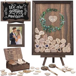 Aodaer Wedding Guest Book Alternative Drop Top Frame Heart Drop Wood Guest Book with Stand 122 Wooden Hearts Pens Box Mini Blackboard Rustic Wedding Decorations for Reception Baby Shower, Brown