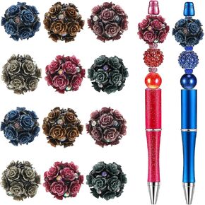 12Pcs 20mm Flower Ball Beads for Beadable Pens Colorful Rose with Diamond Beads Polymer Clay Flower Spacer Craft Beads for DIY Craft Beadable Pens Bracelet Necklace Earrings Keychain Jewelry Making