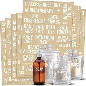 Talented Kitchen 186 Bold All Caps Bathroom Labels, Beauty & Makeup Labels. White Labels on Clear Backing, Water Resistant. 186 Bathroom, Beauty & Makeup Vinyl Stickers. Organization Storage System