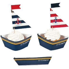 Nautical Baby Boy Shower Cupcake Collars and Cupcake Toppers Cupcake Picks Decoration Set - 50 Sets - Its a Boy Baby Shower Party Supplies - Nautical Baby Shower Decoration
