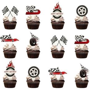 24 PCS Hot Car Cupcake Toppers Race Car Party Decorations Checkered Theme Cake Decoration for Boy Girl Baby Shower Birthday Party Cake Decors Supplies