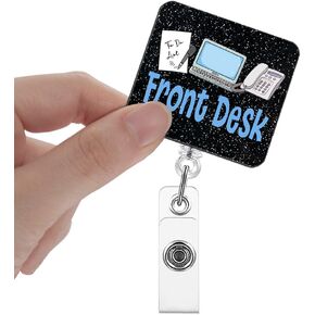 Front Desk Badge Reels Retractable Glitter with Clip, Funny Badge Holder for ER Registration Front Desk Receptionist Secretary, Hospitality Worker Gift, Front Desk Appreciation Gift