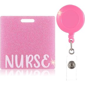 Nurse Badge Buddy, Glitter Nurse Name Tag Badge Card Holder Bling Acrylic Nursing Identification ID Badge Card Accessories with Retractable Clip for Women Coworkers Resident Nurses(Purple)