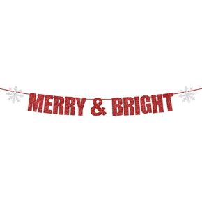 Red Glitter Merry & Bright Banner, Merry Christmas Bunting, Indoor Christmas Decorations for Home Office Party Decorations Supplies