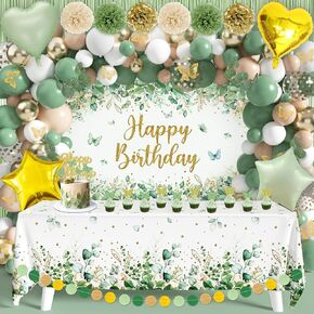 Sage Green Birthday Party Decoration Green Birthday Party Supplies for Boys Girls Happy Birthday Backdrop Tablecloth Balloon Arch Butterfly Stickers for Women Adult Birthday Decor Neutral Baby Shower