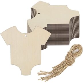 20pcs Baby Onesie Wood DIY Crafts Cutouts Blank Wooden Baby Onesie Shaped Hanging Ornaments with Hole Hemp Ropes Wood Tags for Baby Shower Birthday Party Decorations