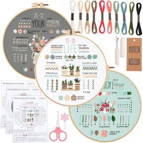 MAQUITA 3 Sets Embroidery kit for Beginners Adults，Learn 34 Different Stitches DIY Kits ，Includes Stamped Flower Pattern, Hoop, Color Threads,Tools,Easy to Follow Instruction & Video
