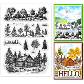 PH PandaHall Tree Background Clear Stamps for Card Making, Forest Cabin Silicone Stamp Plants Transparent Craft Seal Stamp Rubber Stamp for DIY Scrap Booking Crafting Album Journal Decor Card Making
