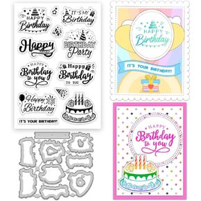 INFUNLY Happy Birthday Clear Stamps and Cut Dies for Card Making Birthday Cakes Dessert Clear Stamps and Cut Dies Celebrate Word Silicone Clear Stamp for Birthday Gift Crafting Decorative