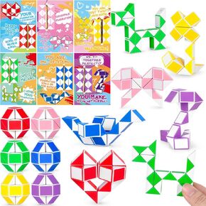 24 Pack Valentines Day Gifts for Kids Classroom with Snake Cube Puzzle Toy Valentines Day Cards for Kids School Valentines Cards with Toys - Classroom Prize,Exchange Gifts
