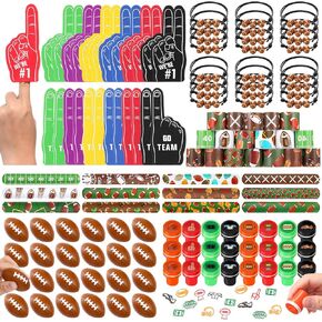 Aoriher 120 Pcs Football Sport Balls Party Favors Set Serve 24, Football Goodie Foam Finger Mini Stress Ball Slap Bracelet Charm Bracelet Stamp for Kids Party Supplies