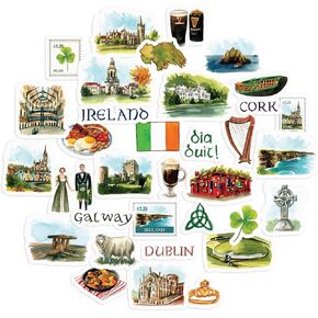 Navy Peony Emerald Ireland Travel Stickers (34pcs) - Watercolor, Waterproof, Irish Themed Vacation Decals for Journals, Scrapbooks, Tumblers