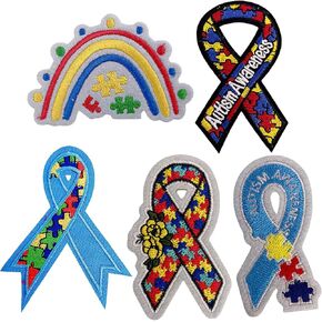 5Pcs Checkered Autism Awareness Iron on Patches, Chequered Ribbon Rainbow Bowknot Bow Sew on Decorative Embroidered Repair Patch for Clothing Jeans Bags Hats Backpacks