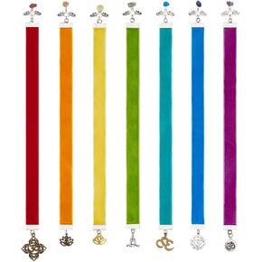 FINGERINSPIRE 7 Pcs Velvet Ribbon Bookmark 11.9-12.4Inch Vintage Yoga Theme Metal Charm Bookmark with Heart Yoga Lotus Aum/Om Symbol Manipura Ohm Flower Pendant Bookmarks for Office Readers Book