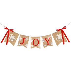 Whaline Christmas Burlap Banner Joy Bunting Flag Snowflake Banner with Ribbon Bows Rustic Hanging Banner Garland for Christmas Winter Holiday New Year Party Mantel Fireplace Decoration Supplies