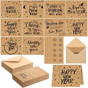 50 Pcs Kraft Happy New Year Cards with Envelopes and Stickers 2025 Kraft New Year Greeting Cards 10 Styles Christmas Kraft Holiday Cards for Office Business School Party Invitations(Joyous)