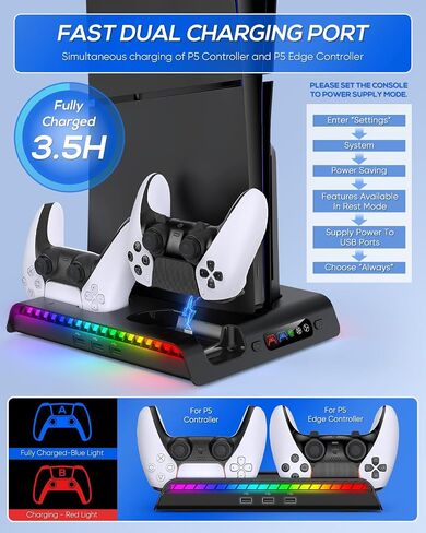 حامل تبريد KOVA لجهاز PS5 Slim فقط مع ضوء LED، ومحطة شحن لجهاز PS5 DualSense/Edge Controller مع 3 محاور USB وخطاف سماعة رأس، وملحقات تبريد لقرص Playstation 5 Slim ووحدة التحكم الرقمية in Saudi Arabia
