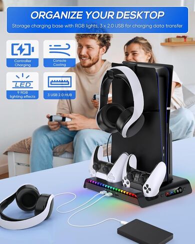 حامل تبريد KOVA لجهاز PS5 Slim فقط مع ضوء LED، ومحطة شحن لجهاز PS5 DualSense/Edge Controller مع 3 محاور USB وخطاف سماعة رأس، وملحقات تبريد لقرص Playstation 5 Slim ووحدة التحكم الرقمية in Saudi Arabia