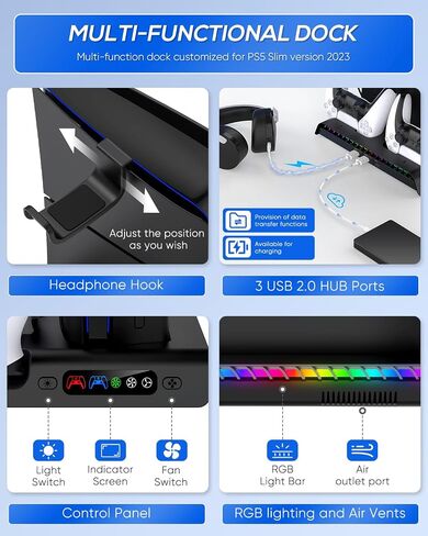 حامل تبريد KOVA لجهاز PS5 Slim فقط مع ضوء LED، ومحطة شحن لجهاز PS5 DualSense/Edge Controller مع 3 محاور USB وخطاف سماعة رأس، وملحقات تبريد لقرص Playstation 5 Slim ووحدة التحكم الرقمية in Saudi Arabia