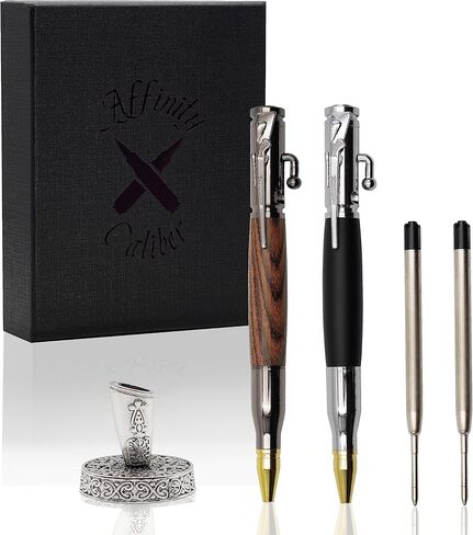 قلم حبر جاف بولت أكشن - أقلام رصاص (مجموعة من 2) مع عبوات ومشبك بندقية وحامل فضي - مقبض قلم من خشب الماهوجني والأبنوس - هدية للأب والصديق والزوج والقلم الفاخر in Kuwait