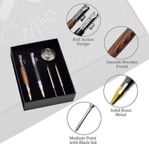 قلم حبر جاف بولت أكشن - أقلام رصاص (مجموعة من 2) مع عبوات ومشبك بندقية وحامل فضي - مقبض قلم من خشب الماهوجني والأبنوس - هدية للأب والصديق والزوج والقلم الفاخر in Kuwait