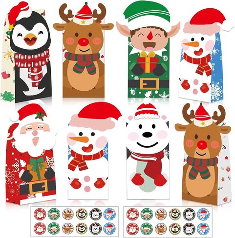 Christmas Treat Bags, 24Pcs Christmas Goody Bags for Kids with 24 Christmas Stickers, Christmas Paper Wrapping Bags, Christmas Gift Candy Cookies Bags for Holiday Classrooms Party Favors Supplies in Saudi Arabia