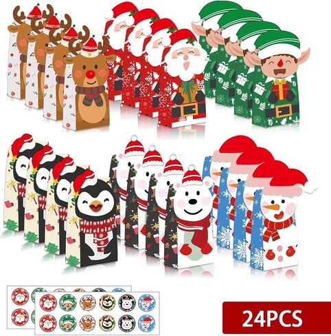 Christmas Treat Bags, 24Pcs Christmas Goody Bags for Kids with 24 Christmas Stickers, Christmas Paper Wrapping Bags, Christmas Gift Candy Cookies Bags for Holiday Classrooms Party Favors Supplies in Saudi Arabia