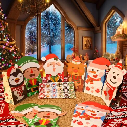 Christmas Treat Bags, 24Pcs Christmas Goody Bags for Kids with 24 Christmas Stickers, Christmas Paper Wrapping Bags, Christmas Gift Candy Cookies Bags for Holiday Classrooms Party Favors Supplies in Saudi Arabia