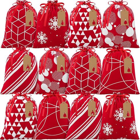 Aneco 12 قطعة حقيبة عيد الميلاد برباط باللونين الأحمر والأبيض حقيبة هدايا عيد الميلاد مع أكياس تغليف هدايا قطنية برباط مقاس 9.8 × 11.8 بوصة هدايا حفلات عيد الميلاد، 6 تصميم in Kuwait