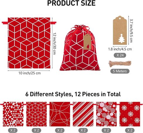 Aneco 12 قطعة حقيبة عيد الميلاد برباط باللونين الأحمر والأبيض حقيبة هدايا عيد الميلاد مع أكياس تغليف هدايا قطنية برباط مقاس 9.8 × 11.8 بوصة هدايا حفلات عيد الميلاد، 6 تصميم in Kuwait