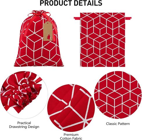 Aneco 12 قطعة حقيبة عيد الميلاد برباط باللونين الأحمر والأبيض حقيبة هدايا عيد الميلاد مع أكياس تغليف هدايا قطنية برباط مقاس 9.8 × 11.8 بوصة هدايا حفلات عيد الميلاد، 6 تصميم in Kuwait