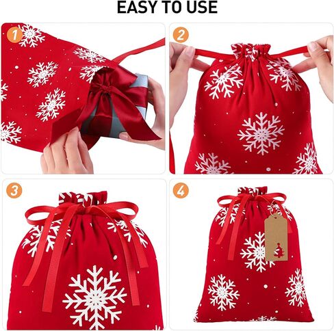 Aneco 12 قطعة حقيبة عيد الميلاد برباط باللونين الأحمر والأبيض حقيبة هدايا عيد الميلاد مع أكياس تغليف هدايا قطنية برباط مقاس 9.8 × 11.8 بوصة هدايا حفلات عيد الميلاد، 6 تصميم in Kuwait