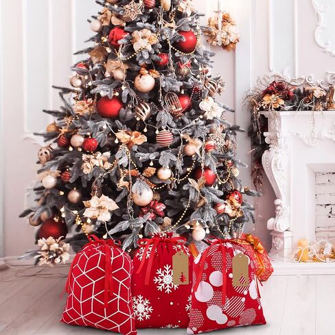 Aneco 12 قطعة حقيبة عيد الميلاد برباط باللونين الأحمر والأبيض حقيبة هدايا عيد الميلاد مع أكياس تغليف هدايا قطنية برباط مقاس 9.8 × 11.8 بوصة هدايا حفلات عيد الميلاد، 6 تصميم in Kuwait