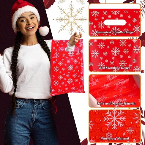 Saypack 100 قطعة من أكياس هدايا عيد الميلاد البلاستيكية السائبة أكياس علاج ندفة الثلج مع مقبض 8 × 12 بوصة أكياس حلوى عيد الميلاد الجيدة أكياس ندفة الثلج للبضائع لتزيين حفلات عيد الميلاد (أحمر) in Kuwait