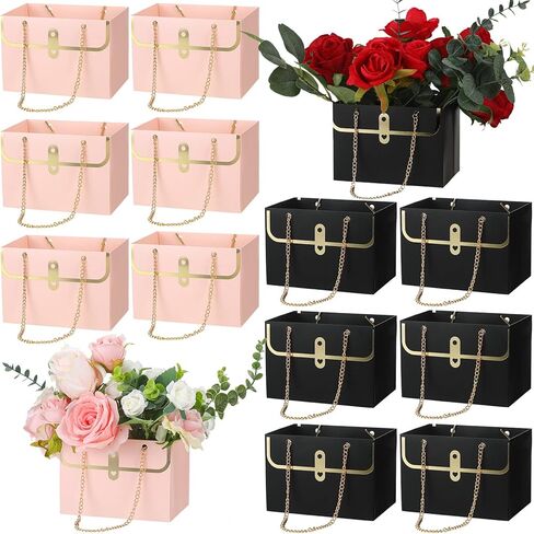 Lincia 12 Pcs Paper Flower Gift Bags Wedding Bouquet Flower Box with Handle Flower Boxes for Arrangements Gift Wrapping Bags Florist Handbag for Gift Wedding Baby Shower Party (Black, White, Pink) in Kuwait