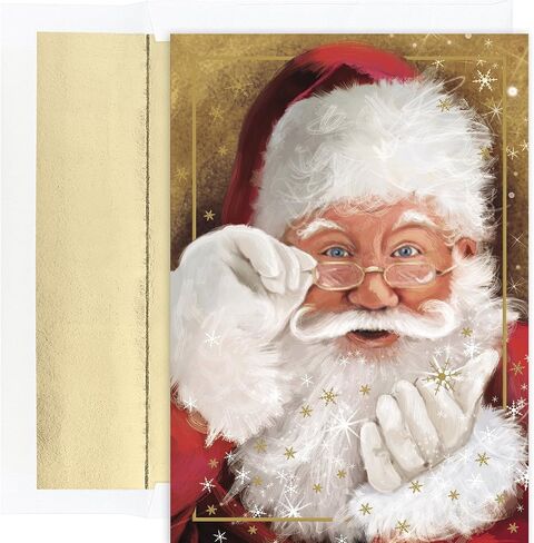 Holiday Classic Collection 16-Count Boxed Christmas Cards with Foil-Lined Envelopes, 7.8" x 5.6", Sparkling Santa (882800) in Saudi Arabia
