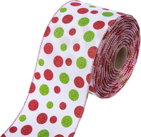 Christmas Tree Ribbon 4" x 20 Yards Red & Green Grinch Wired Ribbon with Glitter Polka Dots - Perfect for Christmas Parties, Family Gatherings & Holiday Celebrations (Green) in Saudi Arabia