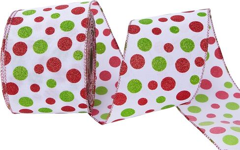 Christmas Tree Ribbon 4" x 20 Yards Red & Green Grinch Wired Ribbon with Glitter Polka Dots - Perfect for Christmas Parties, Family Gatherings & Holiday Celebrations (Green) in Saudi Arabia