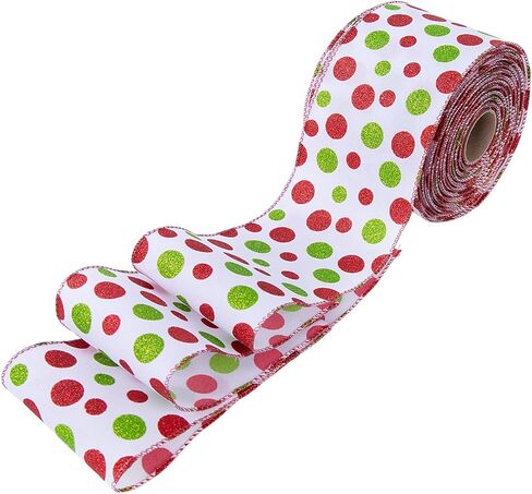 Christmas Tree Ribbon 4" x 20 Yards Red & Green Grinch Wired Ribbon with Glitter Polka Dots - Perfect for Christmas Parties, Family Gatherings & Holiday Celebrations (Green) in Saudi Arabia
