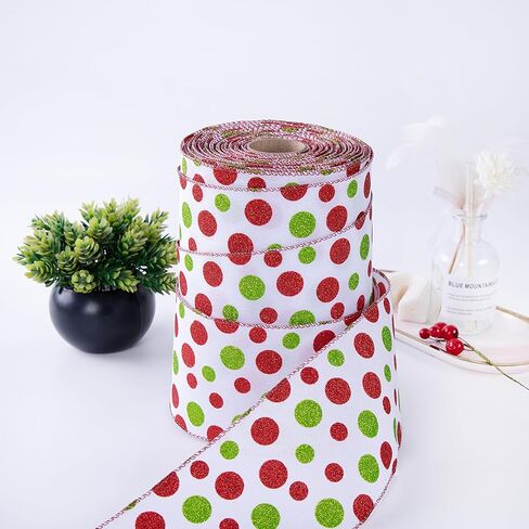 Christmas Tree Ribbon 4" x 20 Yards Red & Green Grinch Wired Ribbon with Glitter Polka Dots - Perfect for Christmas Parties, Family Gatherings & Holiday Celebrations (Green) in Saudi Arabia