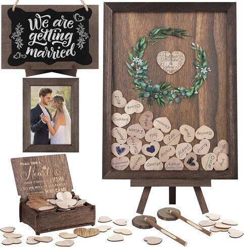 Aodaer Wedding Guest Book Alternative Drop Top Frame Heart Drop Wood Guest Book with Stand 122 Wooden Hearts Pens Box Mini Blackboard Rustic Wedding Decorations for Reception Baby Shower, Brown in Saudi Arabia
