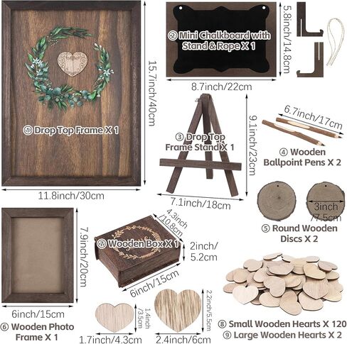 Aodaer Wedding Guest Book Alternative Drop Top Frame Heart Drop Wood Guest Book with Stand 122 Wooden Hearts Pens Box Mini Blackboard Rustic Wedding Decorations for Reception Baby Shower, Brown in Saudi Arabia