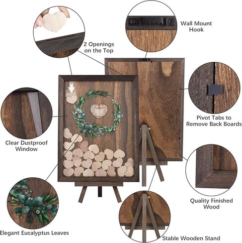 Aodaer Wedding Guest Book Alternative Drop Top Frame Heart Drop Wood Guest Book with Stand 122 Wooden Hearts Pens Box Mini Blackboard Rustic Wedding Decorations for Reception Baby Shower, Brown in Saudi Arabia