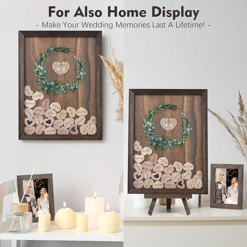 Aodaer Wedding Guest Book Alternative Drop Top Frame Heart Drop Wood Guest Book with Stand 122 Wooden Hearts Pens Box Mini Blackboard Rustic Wedding Decorations for Reception Baby Shower, Brown in Saudi Arabia