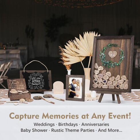 Aodaer Wedding Guest Book Alternative Drop Top Frame Heart Drop Wood Guest Book with Stand 122 Wooden Hearts Pens Box Mini Blackboard Rustic Wedding Decorations for Reception Baby Shower, Brown in Saudi Arabia