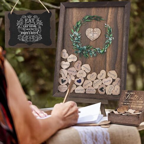 Aodaer Wedding Guest Book Alternative Drop Top Frame Heart Drop Wood Guest Book with Stand 122 Wooden Hearts Pens Box Mini Blackboard Rustic Wedding Decorations for Reception Baby Shower, Brown in Saudi Arabia