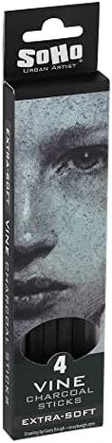 SoHo Urban Artist Vine Charcoal - Drawing Charcoal for Artists, Students, Blending, Live Figure Drawing, & More! - [Black - Extra Soft - 4 Pack] in Kuwait