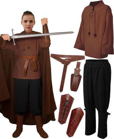Kids Medieval Costume Boys Renaissance Viking Tunic Pants Accessories Outfit for Halloween Cosplay 4-12Y in Saudi Arabia